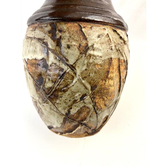 Vintage Studio Art Pottery Vase Impressed Leaf Design Rustic Stoneware Glaze - Picture 9 of 10
